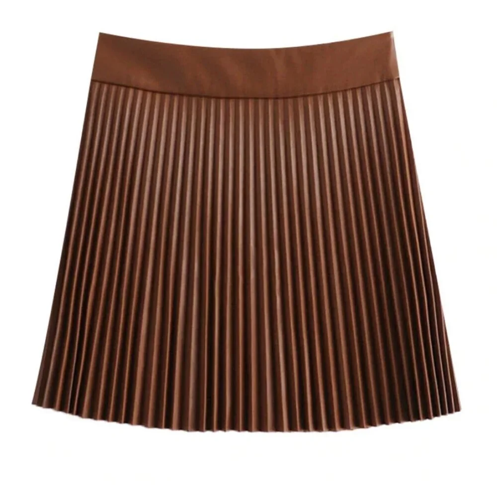 Zara Faux Leather Women's Gold and Brown Pleated Mini Skirt women's Small - Picture 2 of 6